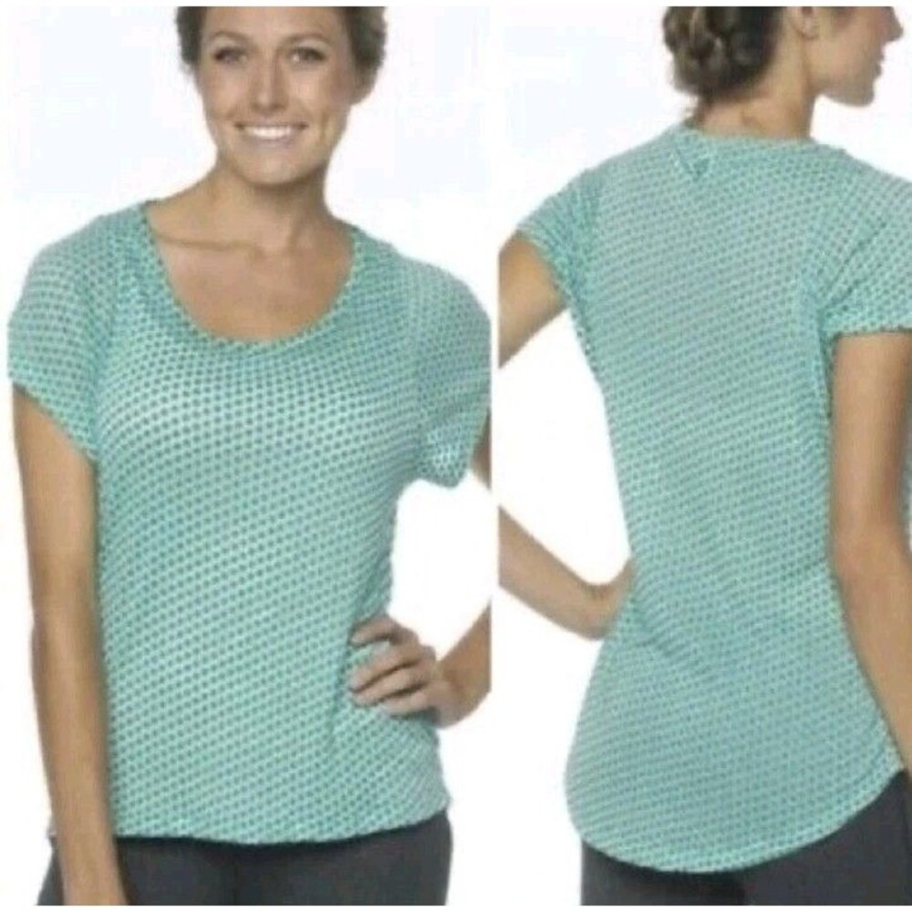 Prana Green White Polka Dot Short Sleeve Scoop Neck High Low Top Size M GUC